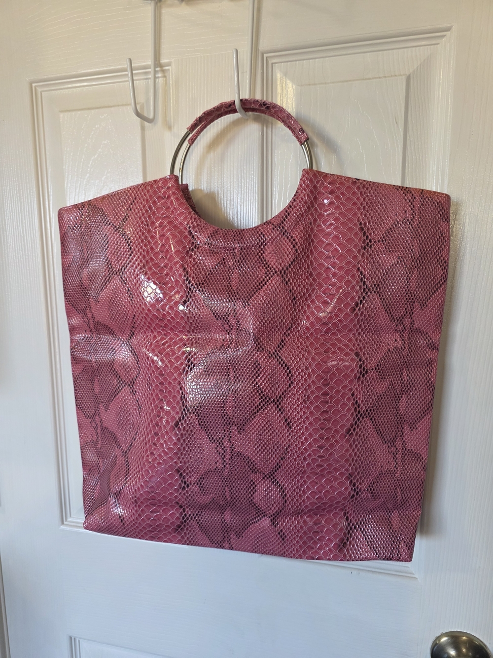Pink Snake-Embossed Tote with Metal Ring Handles - Picture 2 of 4